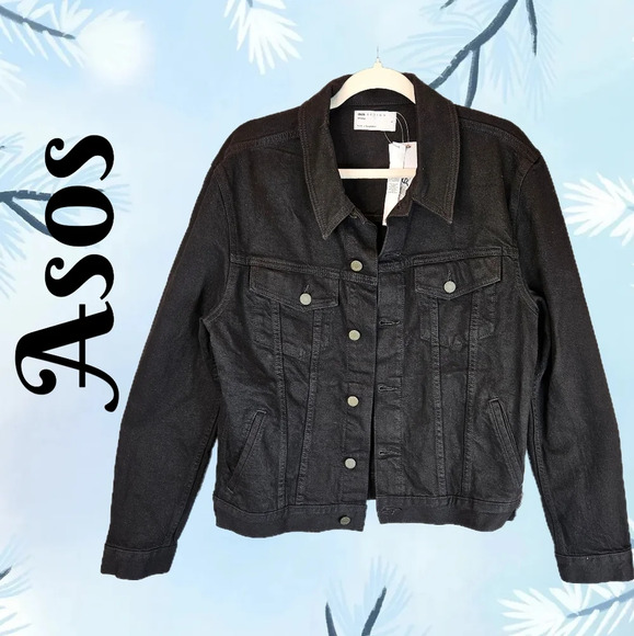 Asos Womens Trucker Black Denim Jean Jacket Sz L Front Medal Button Pockets - Picture 1 of 12